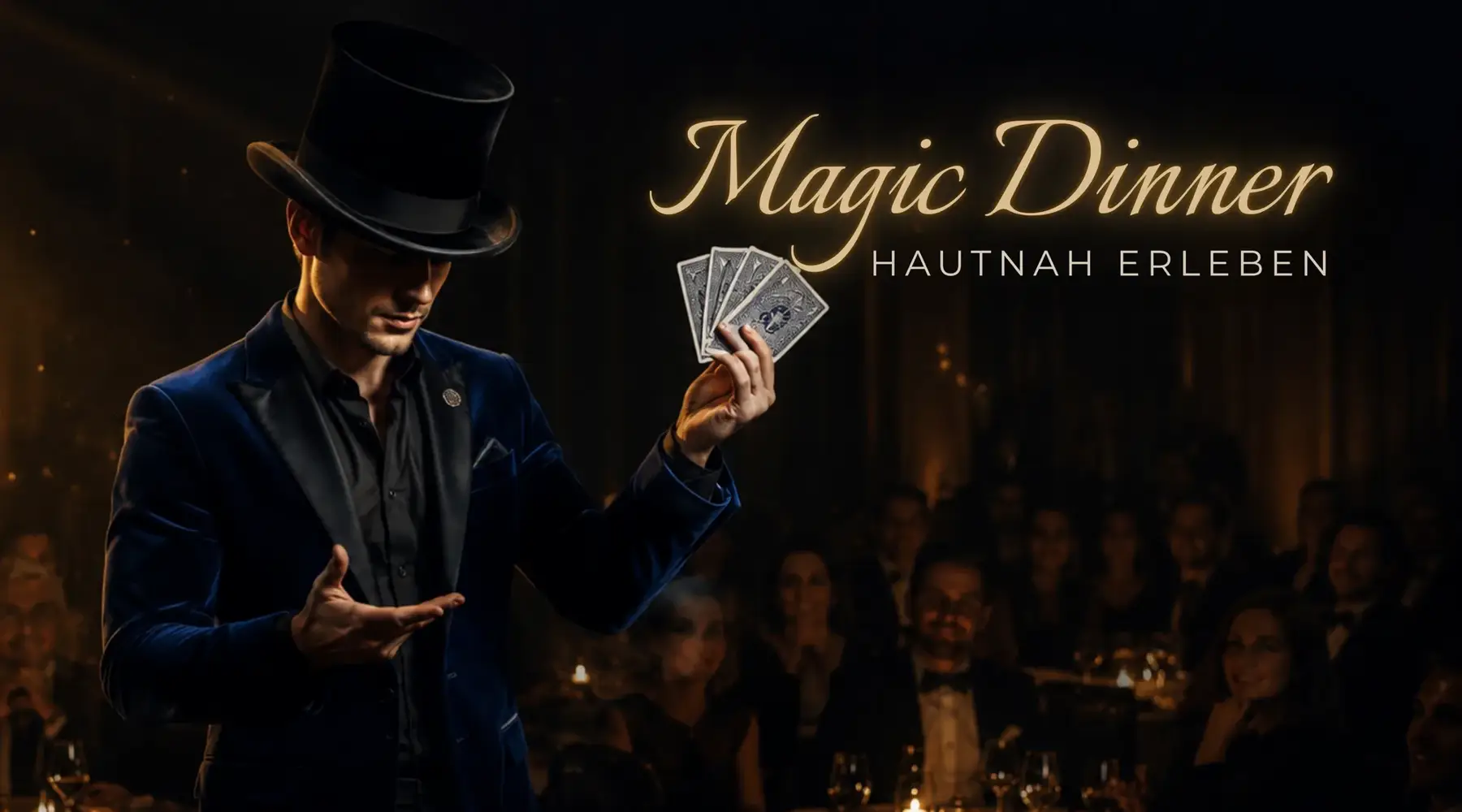 Magician holding playing cards in front of an audience during the Magic Dinner Show at Van der Valk Hotel Hildesheim
