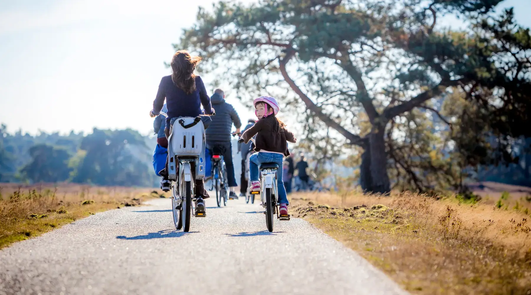 Radfahren in Gelderland. Eine Familie radelt über einen ruhigen Radweg durch eine grüne Umgebung.