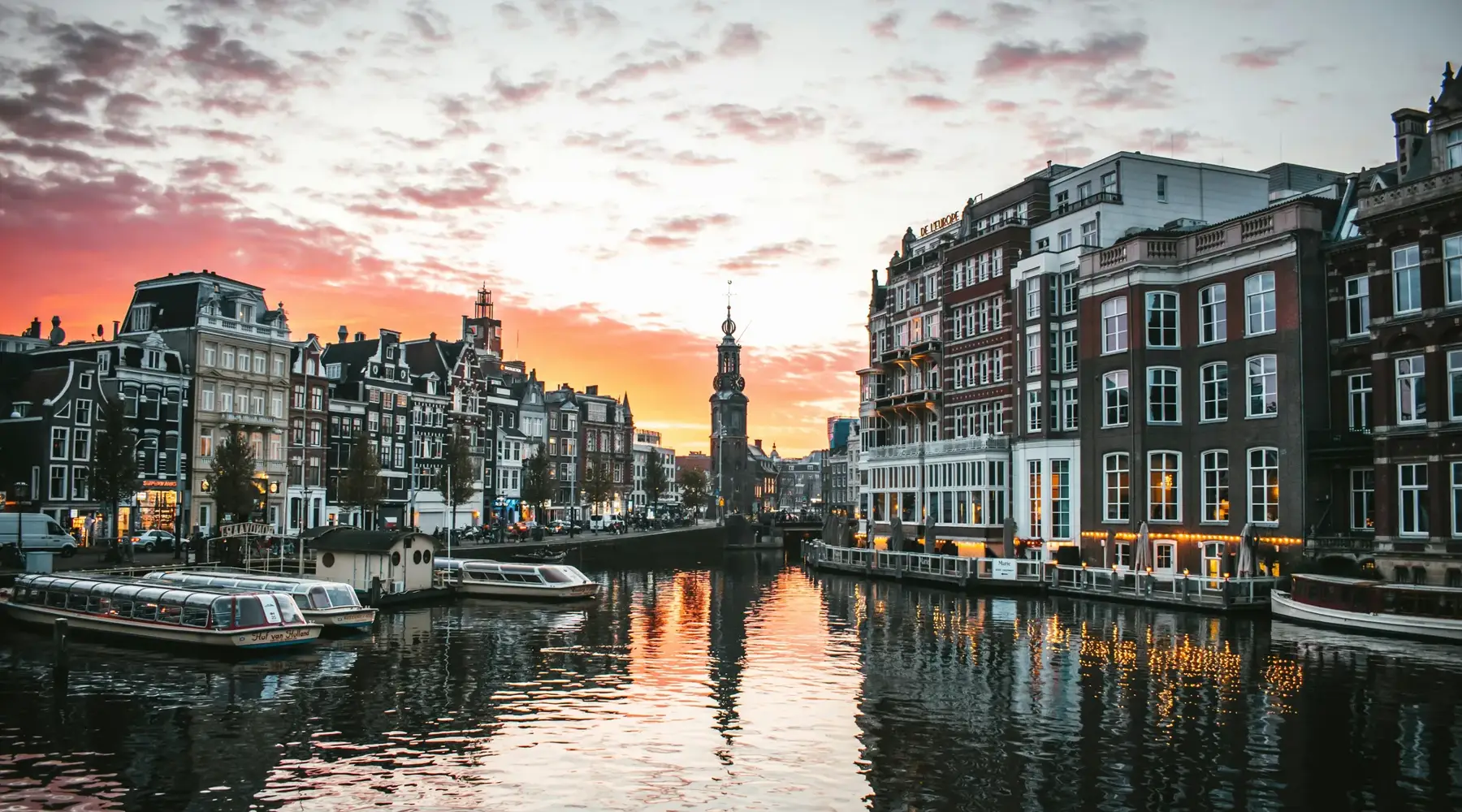Canal houses in Amsterdam at sunset
