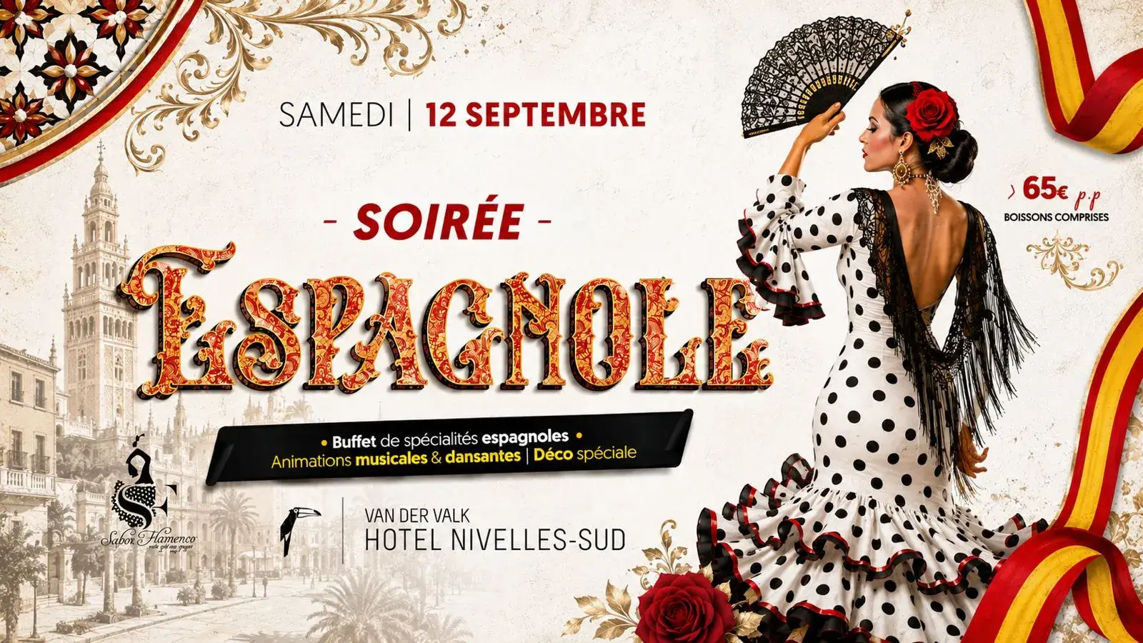 Affiche officielle de la soirée espagnole à Nivelles-Sud avec ambiance flamenco.