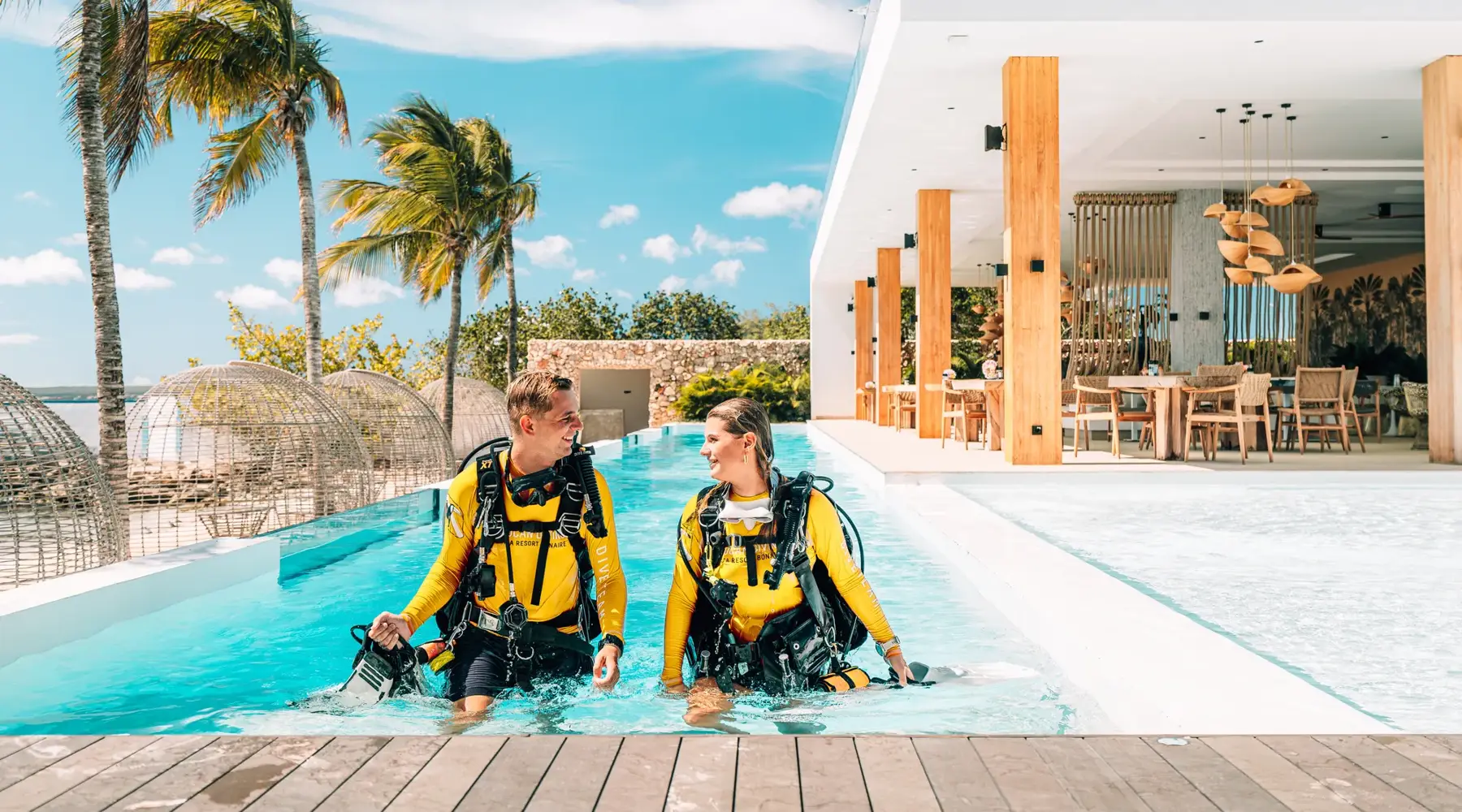 Plongée avec le toucan dans la piscine du complexe Bonaire.