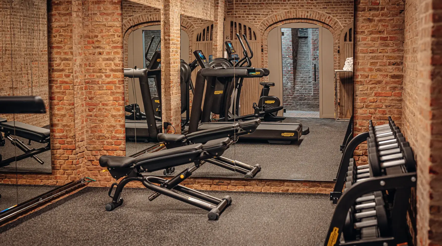 Onze fitnessruimte met gewichten, bench, loopband, step en hometrainer 