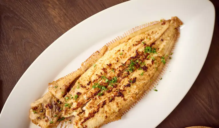 North Sea sole fried in butter, served on a plate in Restaurant Vloed
