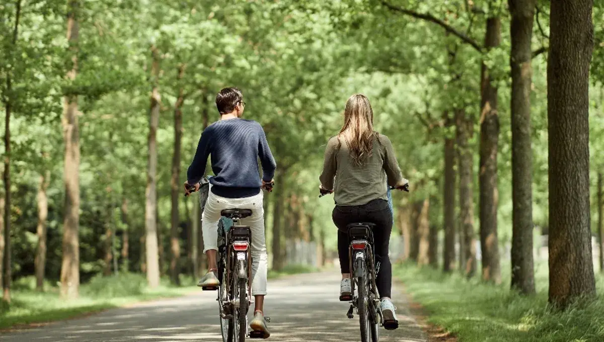 Stel fietst door het bos.
