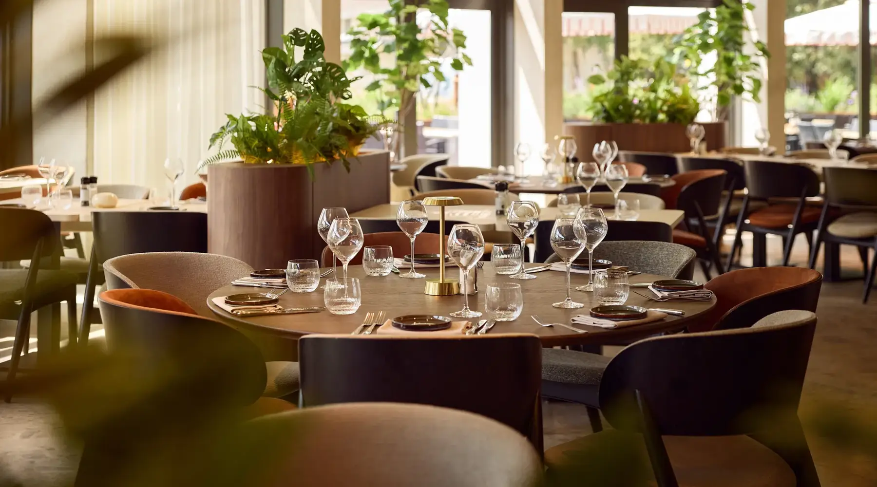 Restaurant Hotel Dennenhof. Brown chairs and wooden tables set with glasses and napkins.