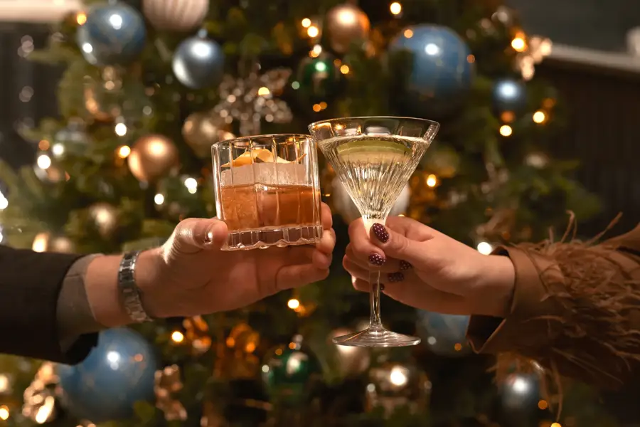 À l'hôtel Van der Valk de Hoorn, les invités trinquent avec des boissons de Noël devant un sapin décoré.