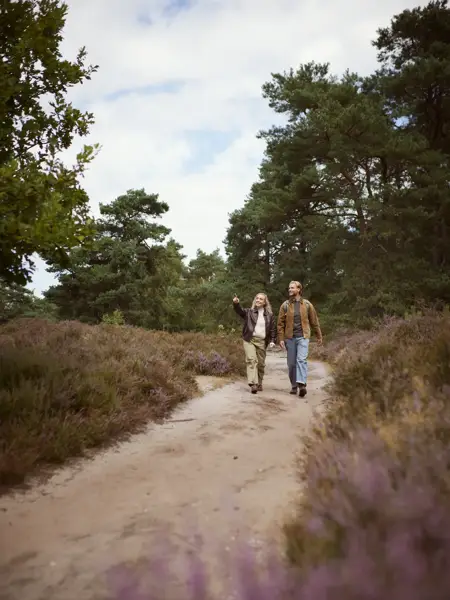 Man en vrouw wandelen over een zandpad tussen de heide
