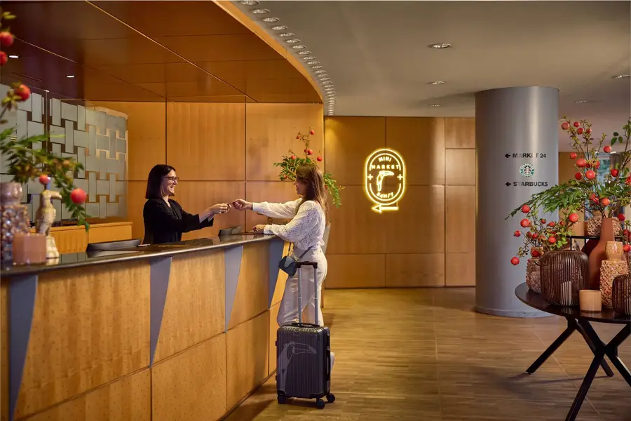 Woman in a hotel lobby