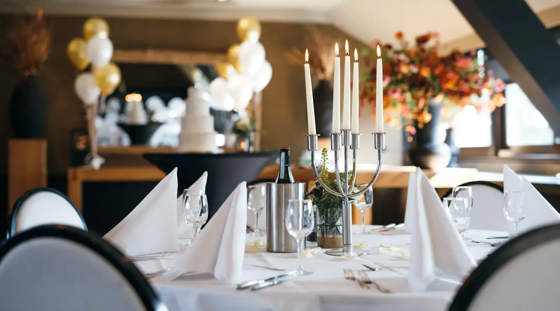 Atmospheric room decorated with table linens.