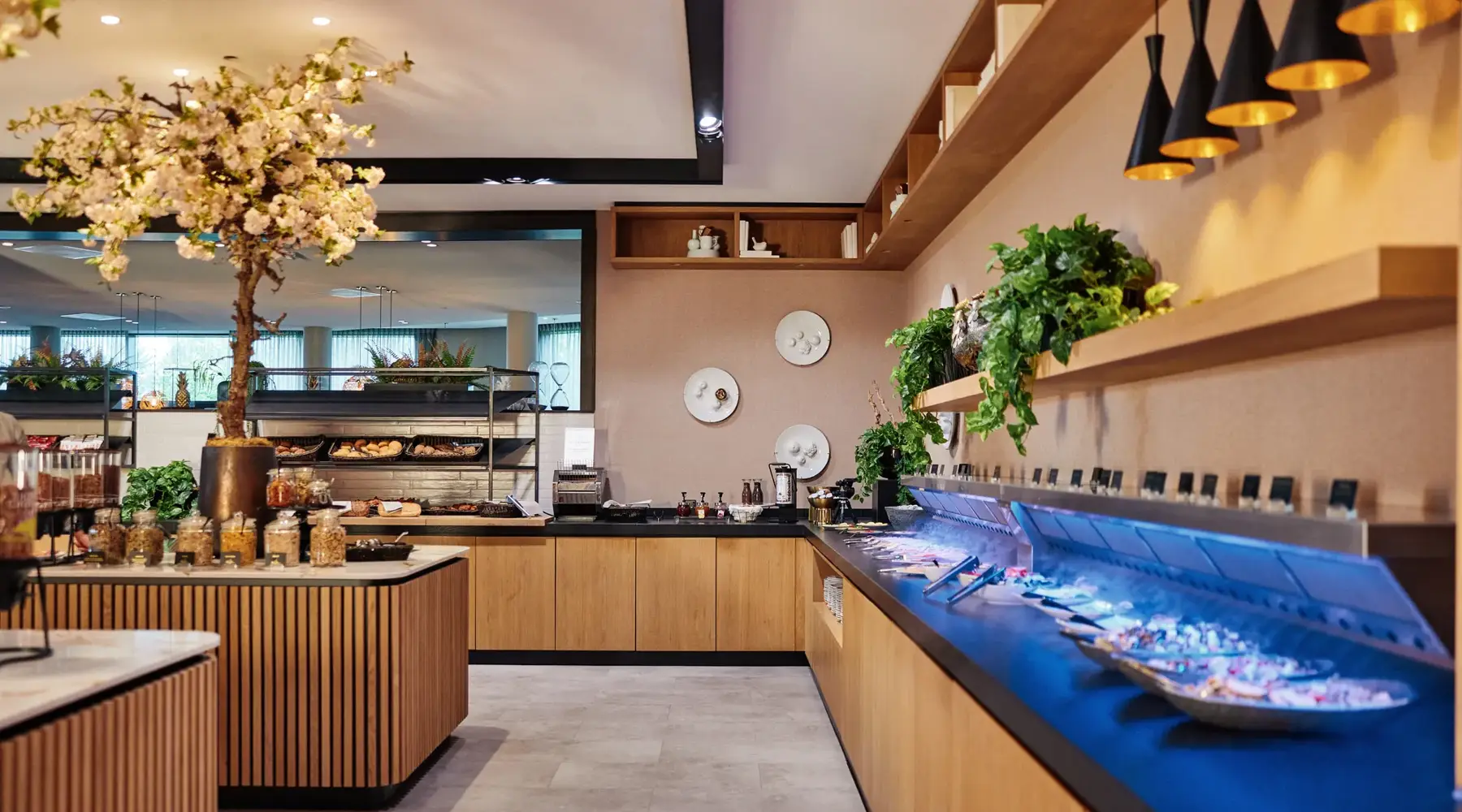 Lunch buffet with multiple dishes on the counter