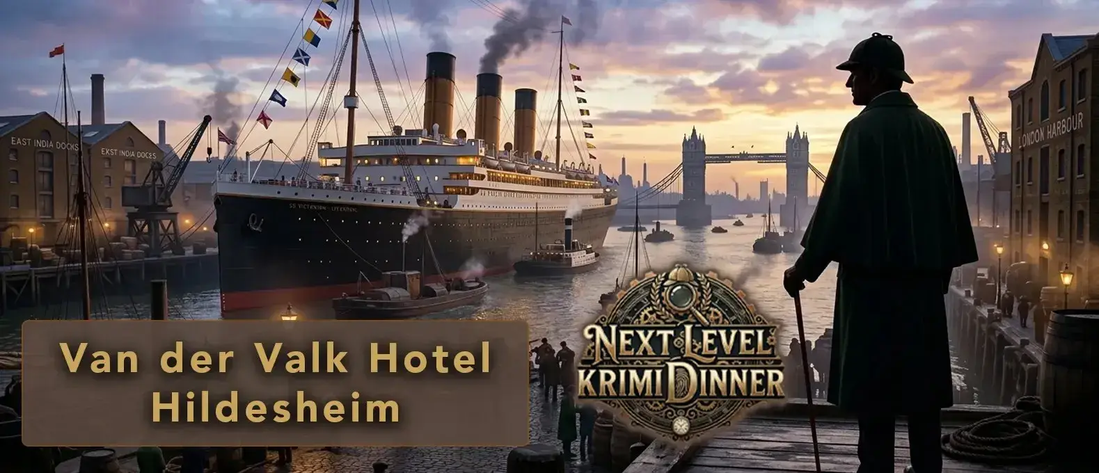 Sherlock Holmes vor einem historischen Kreuzfahrtschiff im Londoner Hafen – Werbegrafik für das Next Level Krimidinner im Van der Valk Hotel Hildesheim.