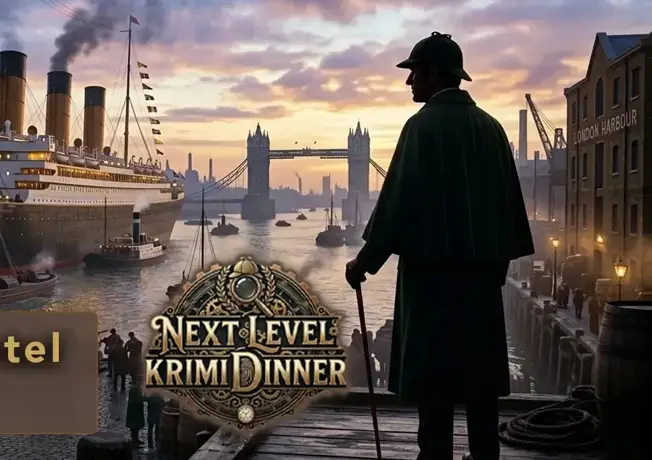 Sherlock Holmes vor einem historischen Kreuzfahrtschiff im Londoner Hafen – Werbegrafik für das Next Level Krimidinner im Van der Valk Hotel Hildesheim.
