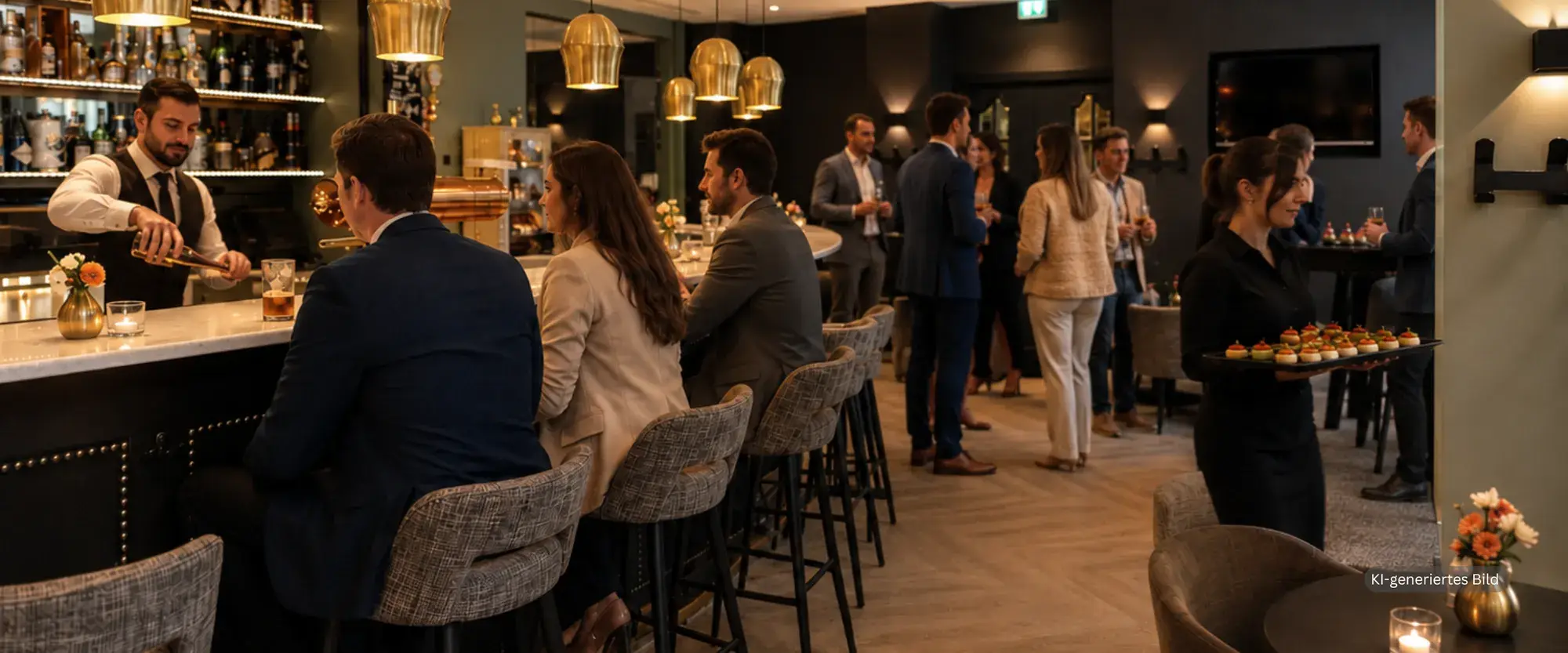 Blick in die Bar des Van der Valk Hotels Hildesheim mit mehreren Gästen, die an den Tischen im gemütlich beleuchteten Sitzbereich Platz genommen haben.
