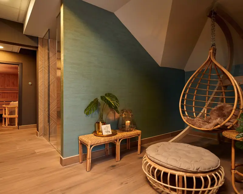 Relaxing space with a hanging chair and footstool.