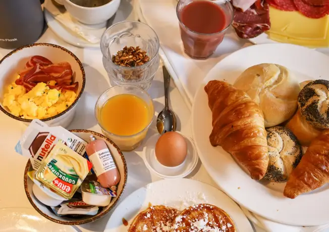 Breakfast with various rolls.