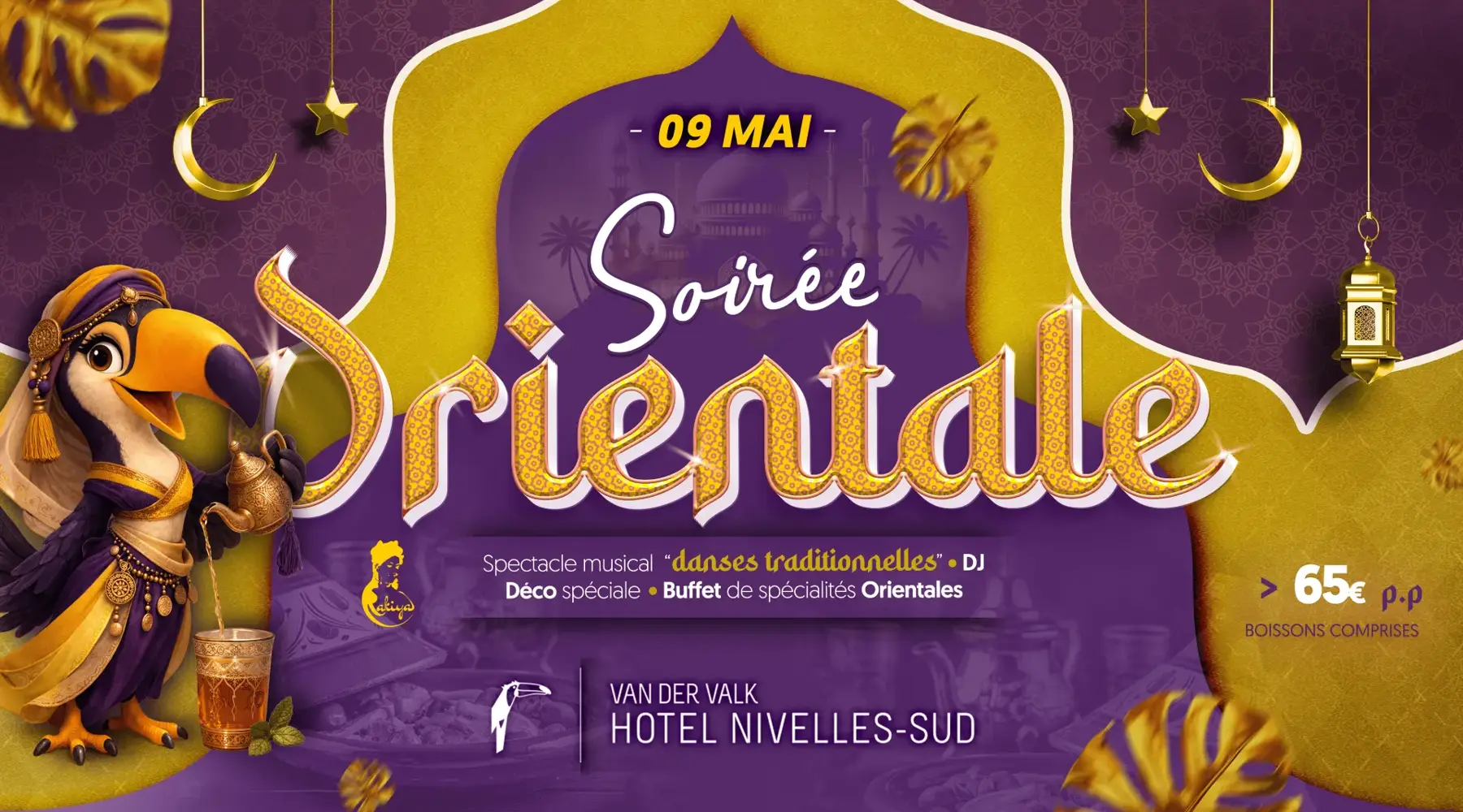 Affiche officielle de la soirée orientale à Nivelles-Sud avec ambiance après-ski et DJ.