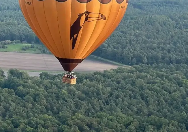 Luftballon in Form einer Eichel mit dem Van der Valk Logo schwebt über die Veluwe
