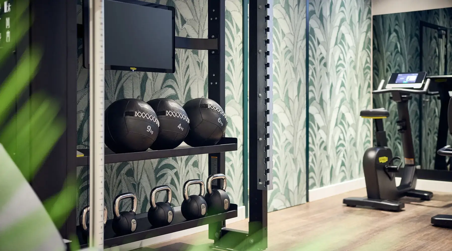 Fitness ruimte van het hotel. Met fiets en gewichtsballen.