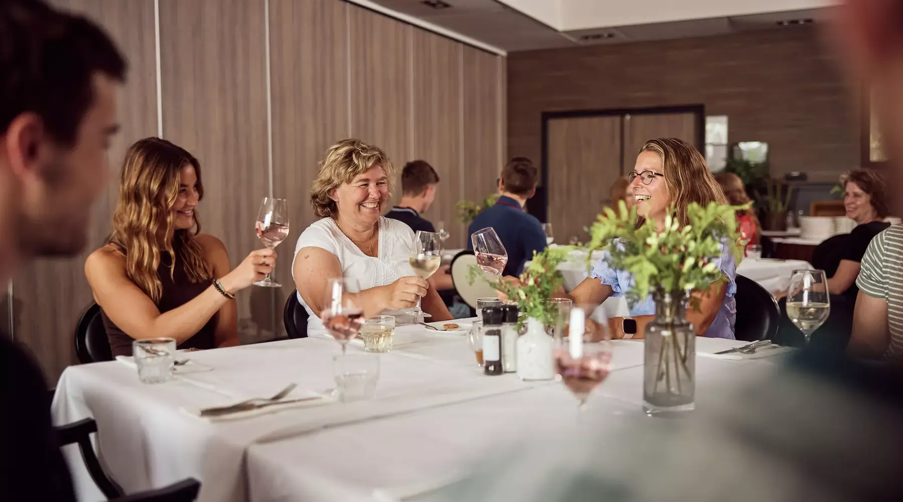 People clinking glasses at the table