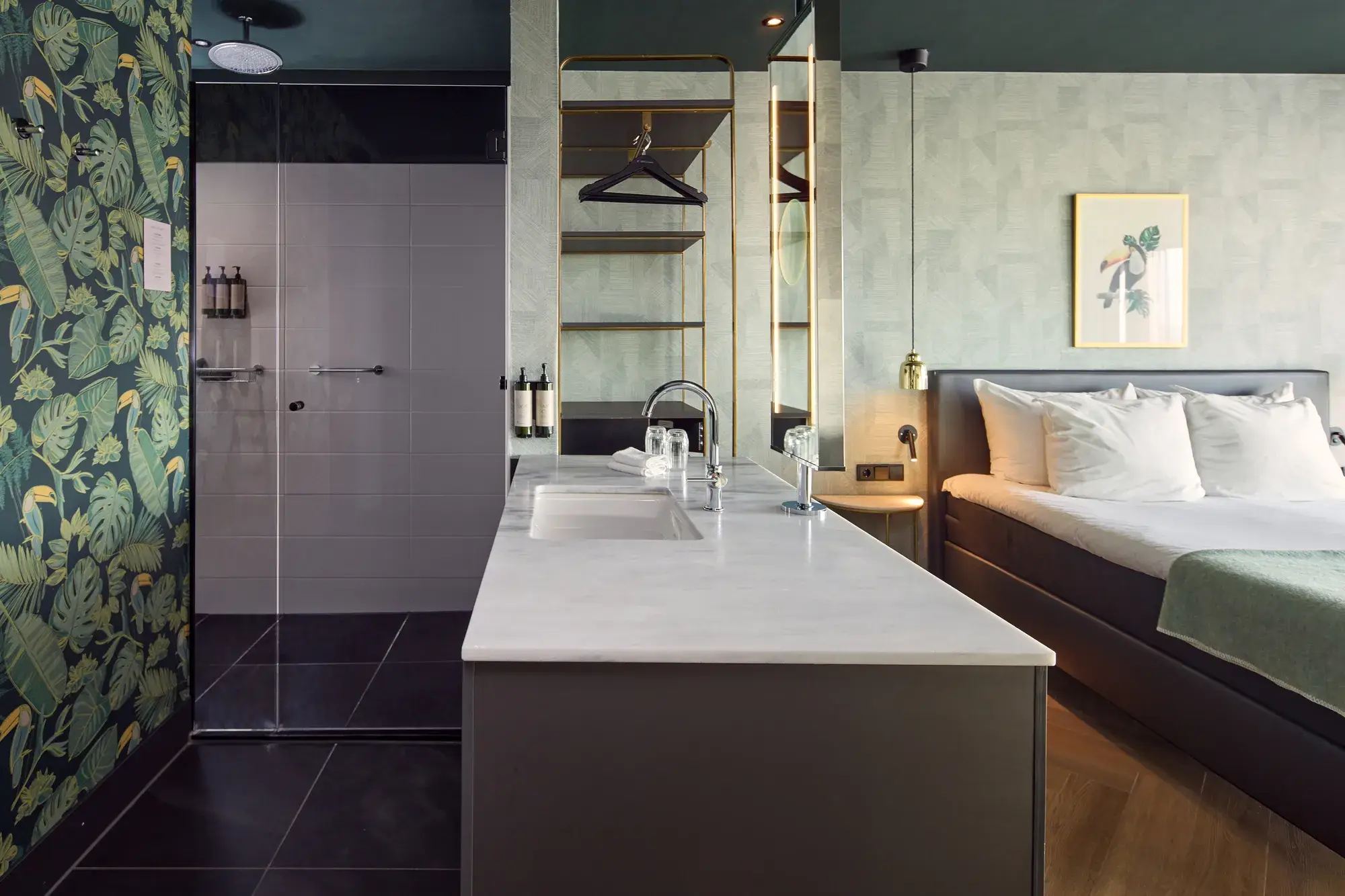 Open bathroom with sink and shower