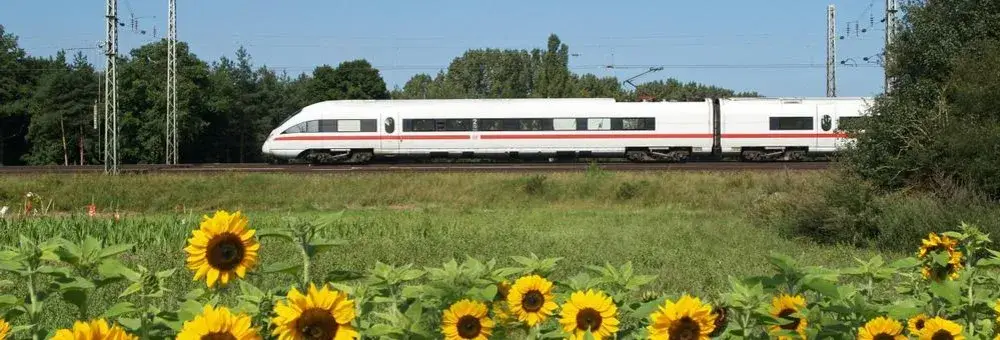 High-speed train passes through a landscape with sunflower fields, representing travel by train, bus, or flight to the Van der Valk Hotel Hildesheim.