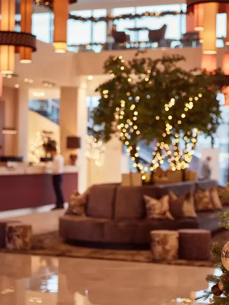 Lobby of Van der Valk Hotel Gorinchem decorated for Christmas.