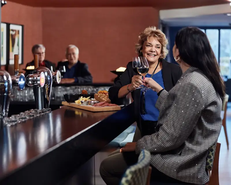 Twee vrouwen proosten aan de bar